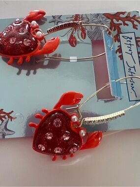 Betsey Johnson Bright Red Crab Charm Hoop Earrings with Pink Rhinestones